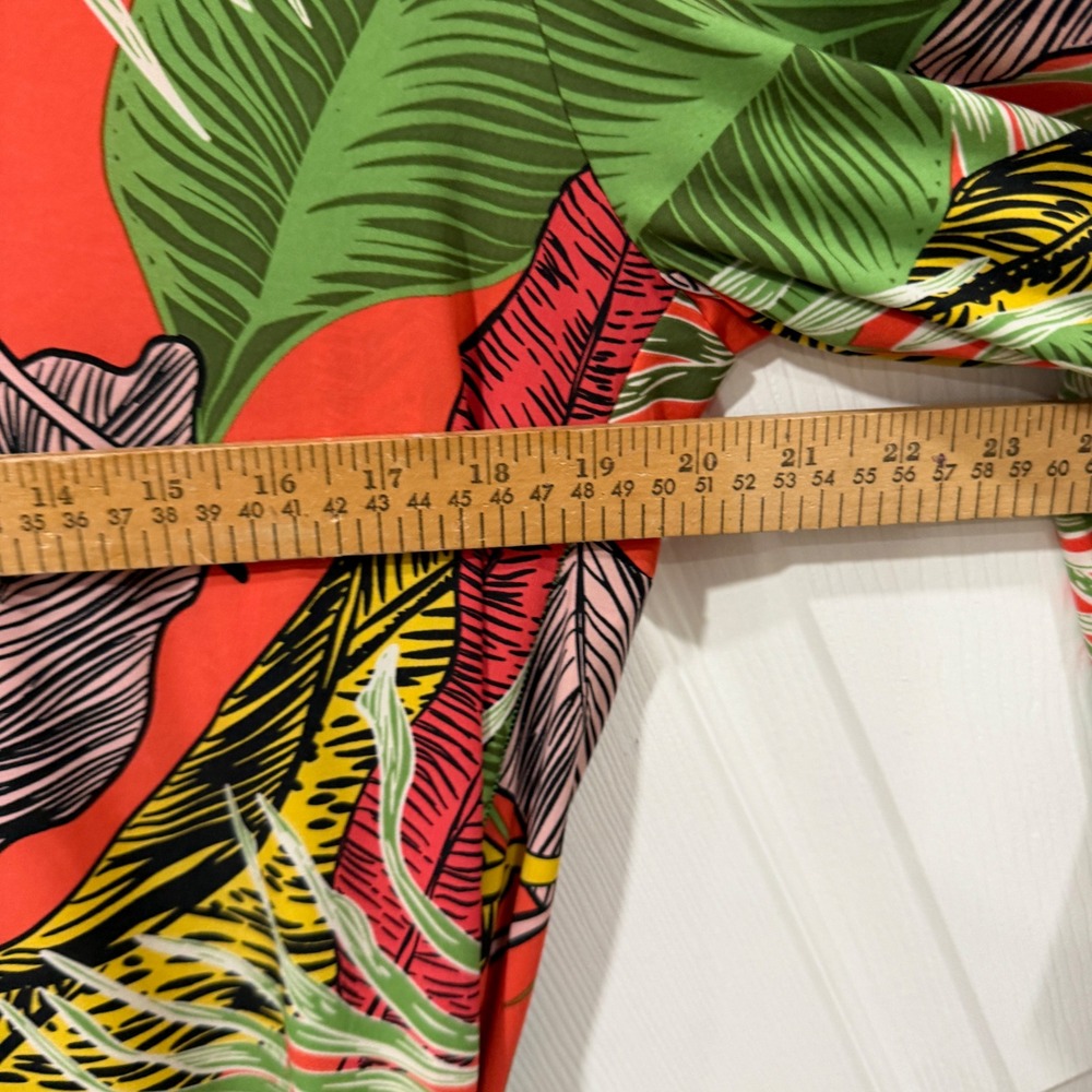Philthy Tropical Leaf Print Maxi Kimono Robe Ruffle Hem Red Green L/XL - Picture 3 of 8